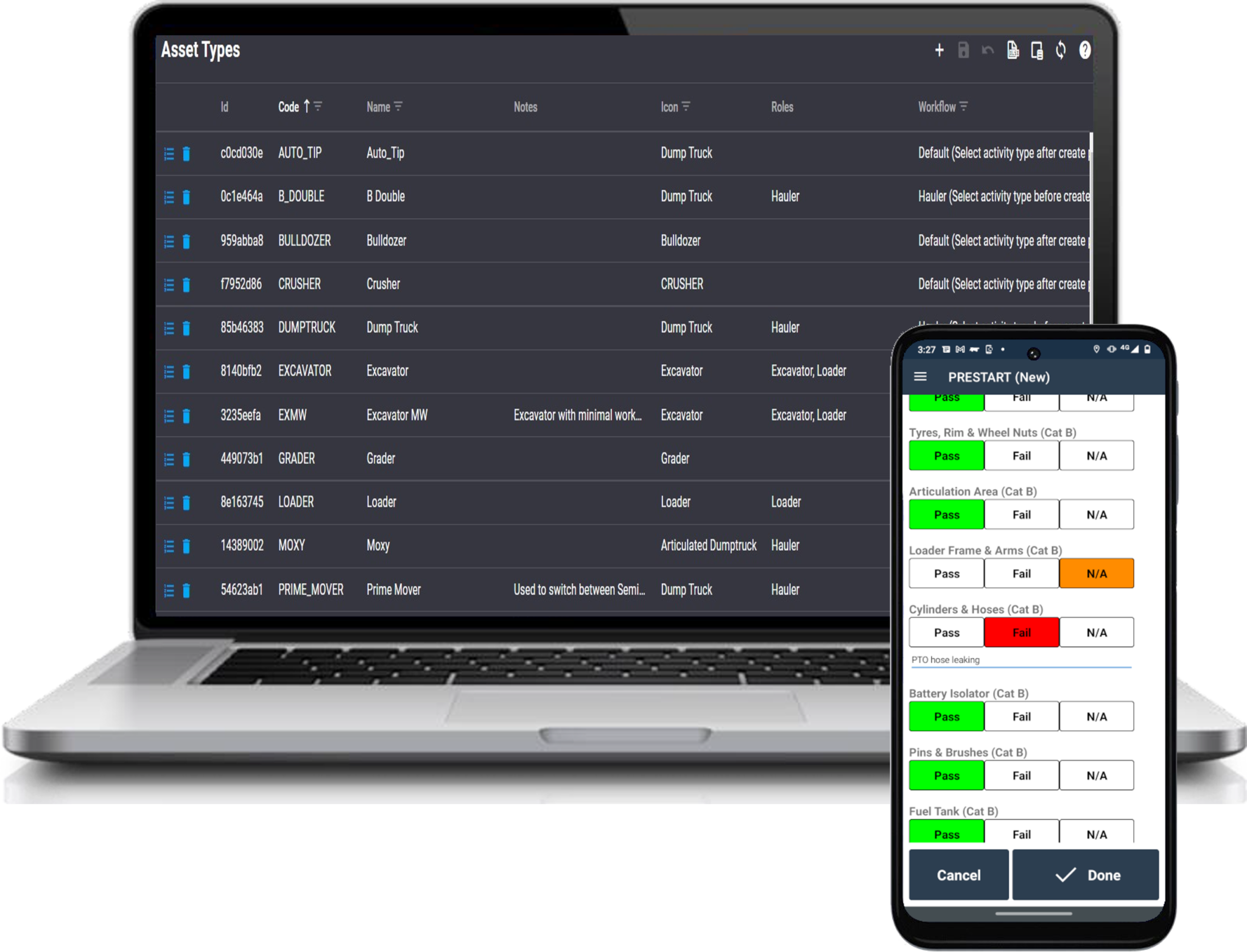 MDC-Core prestart checklist on a phone, with asset types configured in the web app on a laptop behind it